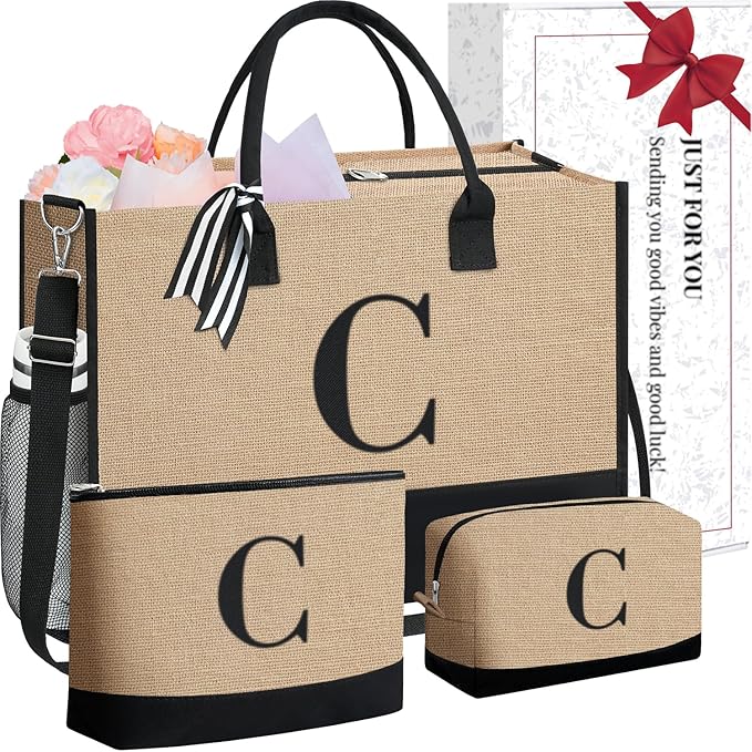 BAGAIL Initial Tote Bag, Personalized Birthday Gifts for Women, Teacher, Friends, Mom, Wedding, Monogrammed Beach Bag