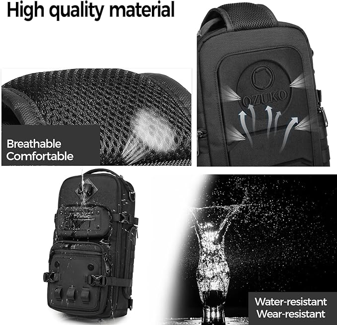 OZUKO Sling Bag for Men, Large Capacity Crossbody Chest Pack, Water-Resistant Tactical Shoulder Backpack with Tripod Holder for Travel, Hiking, Photography(Black)