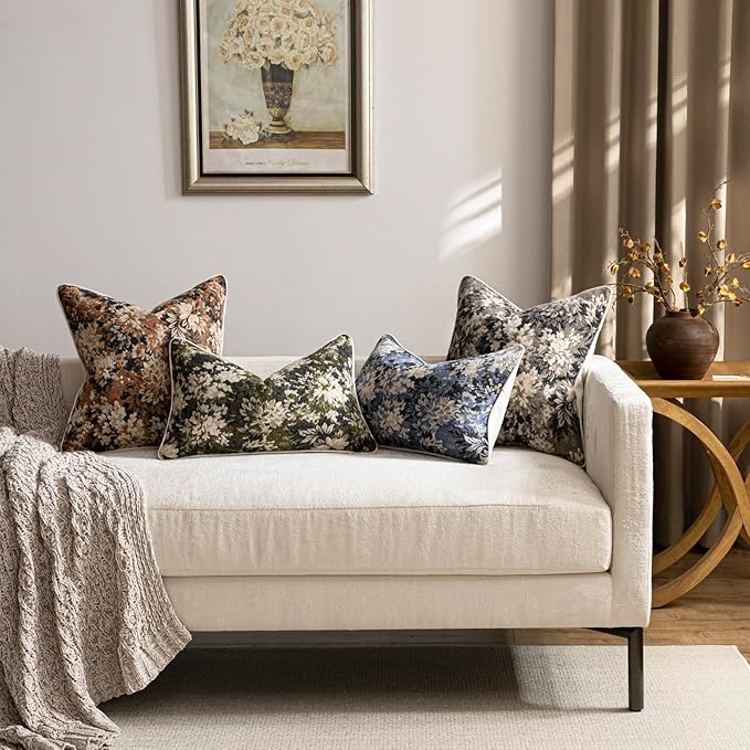 DEZENE Pack of 2 Vintage Floral Euro Sham Covers 26x26 Boho Farmhouse Accents Chenille Square Decorative Throw Pillow Cases for Living Room Couch Bed Home Decor, Taupe