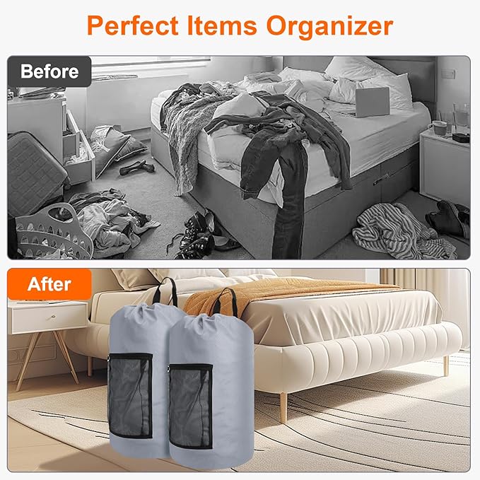 Laundry Bag Backpack Durable Laundry Bag with Shoulder Straps and Mesh Pockets Portable Laundry Hamper Dirty Clothes Bag for College, Travel, Laundromat, Apartment (Gray)