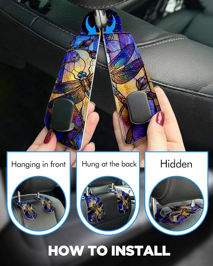 WOCOCN Purse Holder for Car, 2 Pack Heavy Duty Purse Hanger for Car, PU Leather Car Seat Hooks for Purses and Bags, Cute Dragonfly Headrest Organizer for Handbags & Backpacks