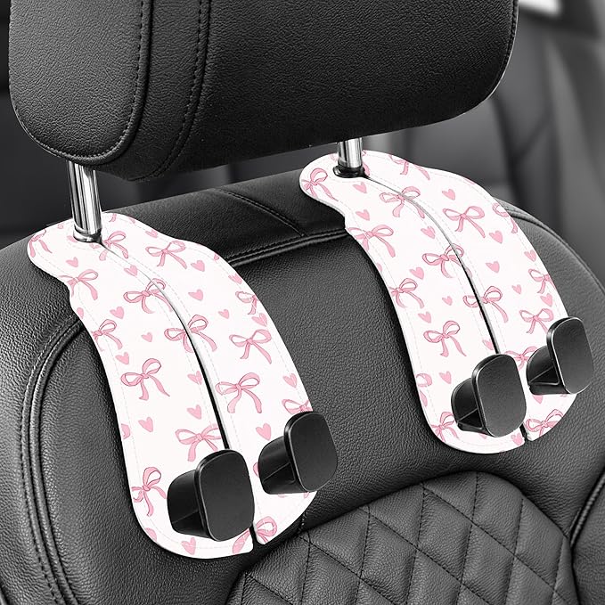 WOCOCN Purse Holder for Car, 2 Pack Heavy Duty Purse Hanger for Car, PU Leather Car Seat Hooks for Purses and Bags, Cute Pink Bow Headrest Organizer for Handbags & Backpacks