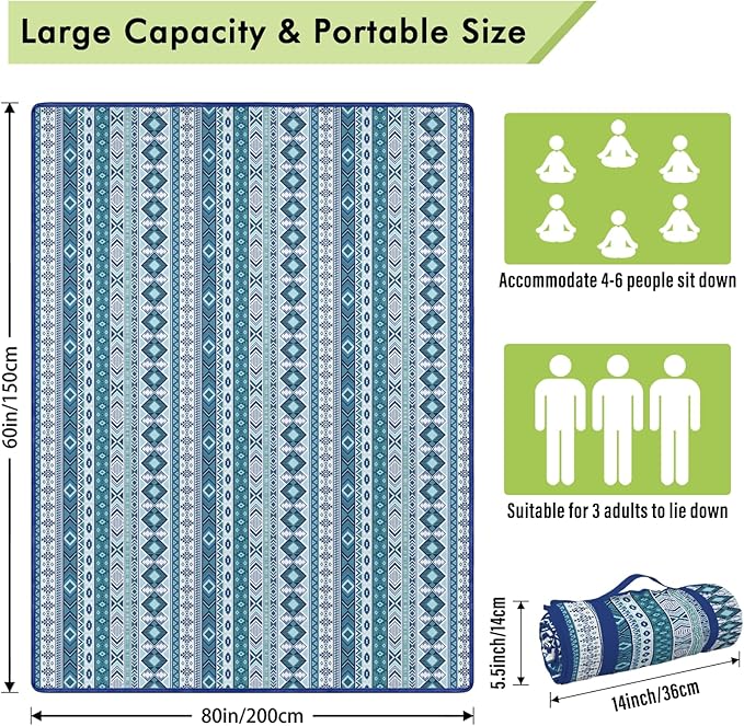 Tribal Picnic Blankets Waterproof Foldable, 60″X80″ Packable Picnic Mat Western Outdoor Blanket for Grass, Boho Large Beach Blanket Sandproof Picnic Accessories for Camping Music Festival Park Travel