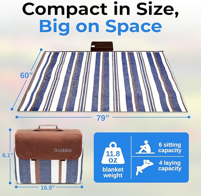 scuddles Extra Large Picnic Blanket – 60" x 80" Waterproof Outdoor Mat with Soft Dual-Layer Comfort, Foldable Travel Rug for Beach, Camping, Lawn, Parks & Family Picnics