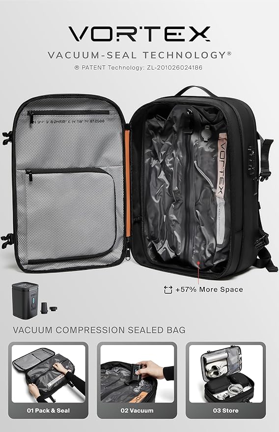 BlackVoyage Vortex Vacuum Seal Travel Backpack 60L Expandable Air Compression System Water Resistant TSA Lock Carry-On