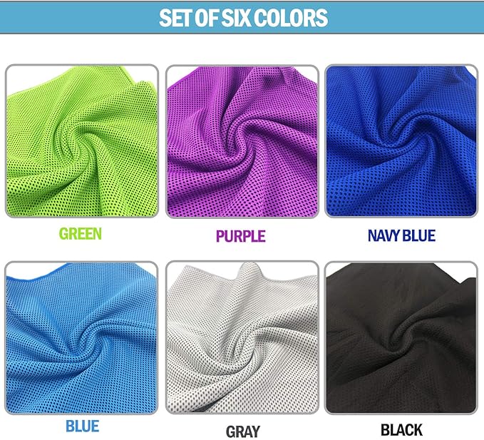 Cooling Towel for Neck 6 Pack,Workout Towel Gym for Women/Men,Soft Breathable Instant Cooling Relief for Sports, Tennis Gift,Hot Yoga, Travel, Camping (6 Pack-Purple/Green/Navy Blue/Blue/Gray/Black)