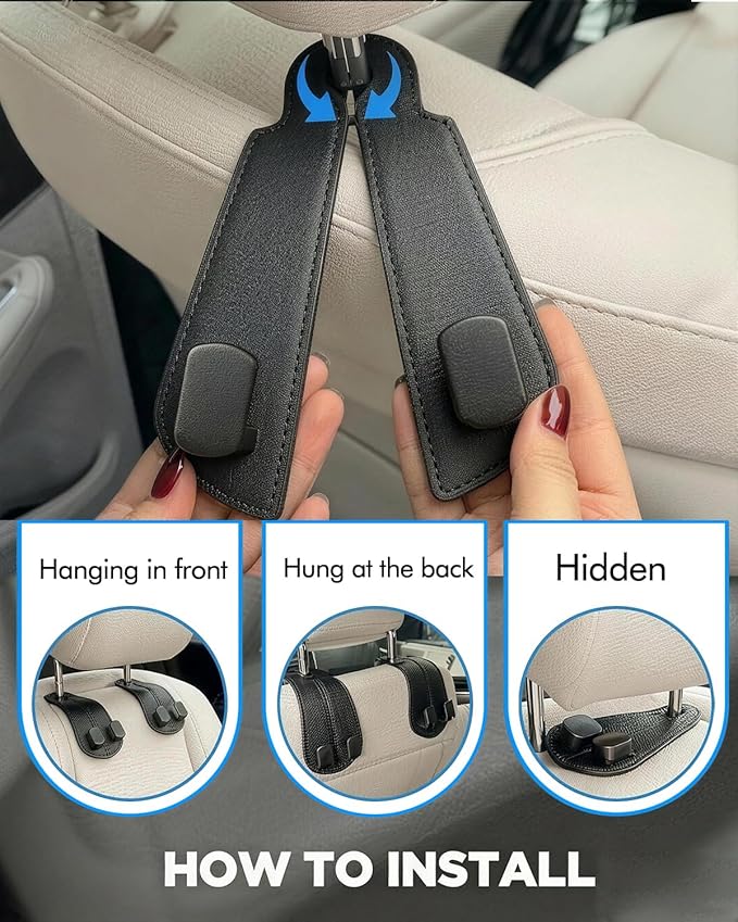 WOCOCN Purse Holder for Car, 2 Pack Heavy Duty Purse Hanger for Car, PU Leather Car Seat Hooks for Purses and Bags, Cute Minimalist Black Headrest Organizer for Handbags & Backpacks