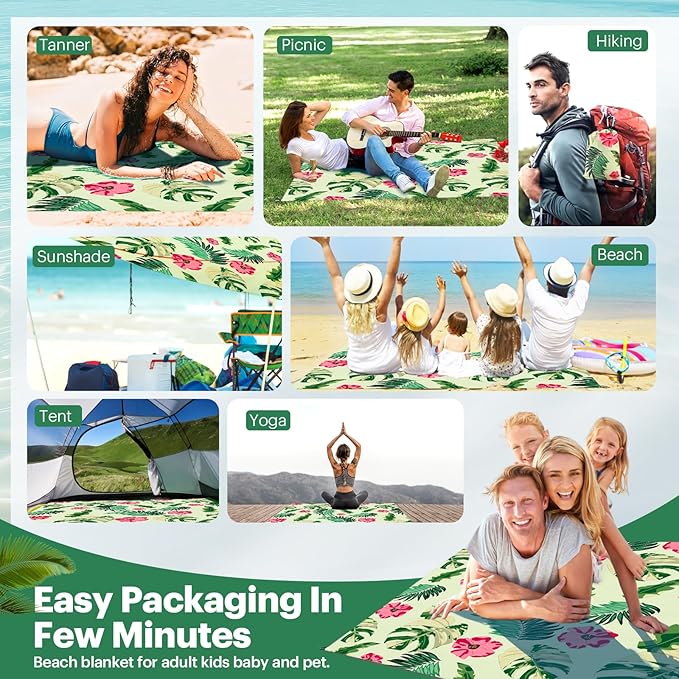 EASYFUN Beach Blanket Sandproof Oversized, 79''×83'' Extra Large Beach Mat, Portable Picnic Mat for Travel Camping Hiking, Lightweight Beach Essentials Family Water Resistant Mat