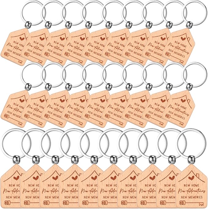Inbagi 100 Pieces Home Keychain Bulk House Design Keychain Small House Shaped Keychains 2026 Welcome Home Keychains Gifts Homeowner Engraved Wooden Key Tag for Family Client Buyer Customer