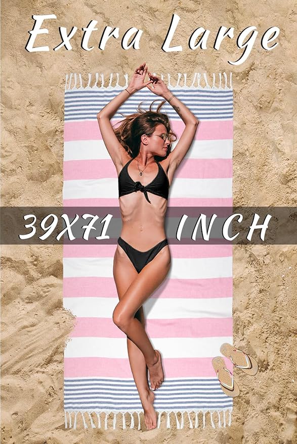 cabanana Turkish Beach Towel Oversized - 40"x70" Quick Dry Sand Free Thin Beach Towels for Adults,Extra Large Cotton Lightweigh Travel Towel for Beach Accessories (Pink Blue)