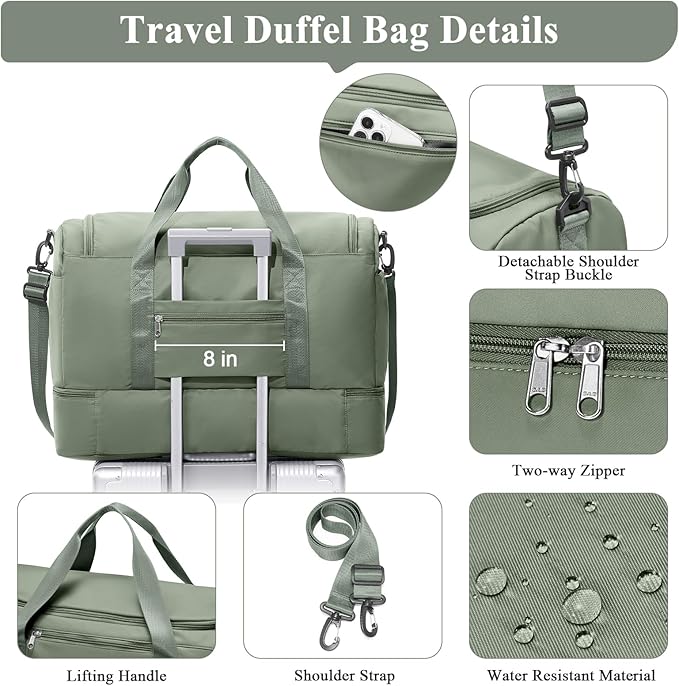 Travel Duffel Bag for Women, Carry-on Overnight Weekender Bags with Wet Pocket & Toiletry Bag, For Spirit Airlines 18x14x8 Personal Item Bag,3 Pcs Set,Small,Olive Green