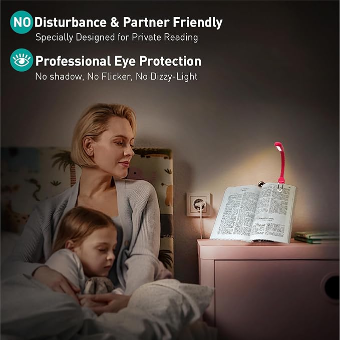 Rechargeable Book Light for Reading in Bed, 4 Color Temperatures Eye-Caring LED, Portable Clip On Reading Light with Magnetic Base, Hands-Free for Travel, Night Reading (red)