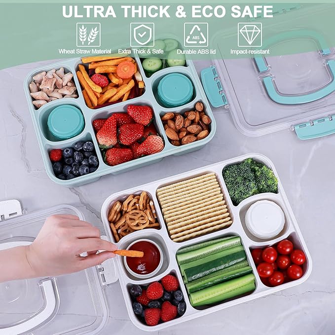 Large Snackle Box Container with 2 Sauce Cups, 8-Compartment Divided Serving Tray with Lid & Handle, Portable Snack Tray for Travel Picnic, Leak-Proof, Dishwasher Safe, BPA-Free
