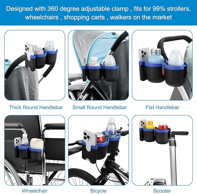 Accmor Stroller Cup Holder with Phone Holder, Bike Cup Holder, Universal Cup Holder for Uppababy Nuna Doona Strollers, 2-in-1 Cup Holder for Walker, Wheelchair, Scooter