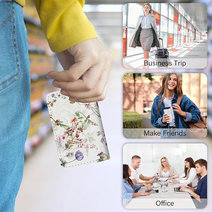 Business Card Holder，PU Leather Business Card Case Color Printing Pattern Card Holder Wallet，Pockets Magnetic Credit Card Holders for Men and Women - White Flowers