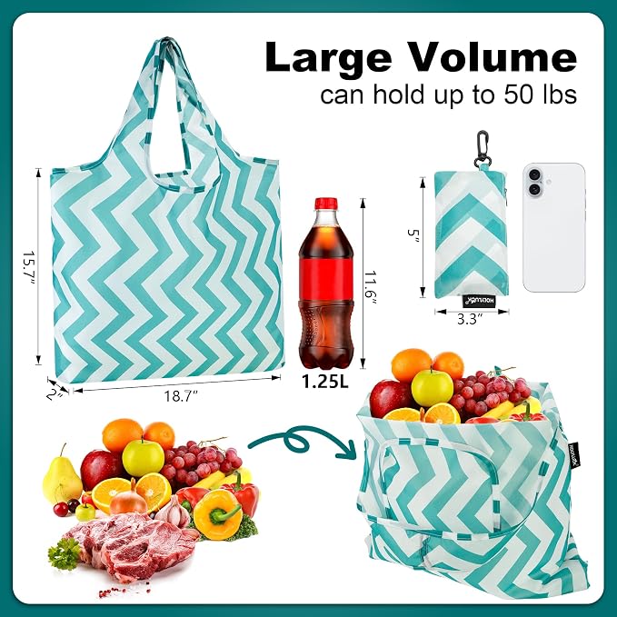 HOLYLUCK Reusable Grocery Bags,Heavy Duty Foldable Shopping Tote Bag (Standard, Green wave)