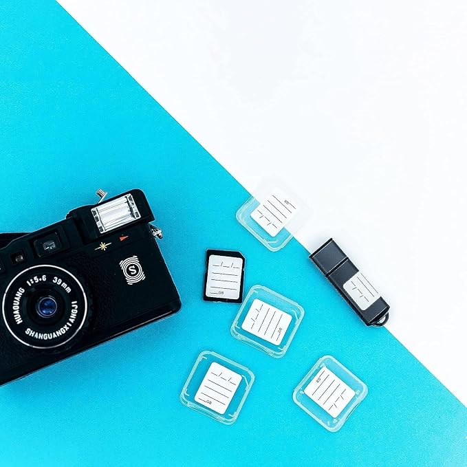 (120 Count) SD Card Labels Flash Drive Labels Stickers with 6 Free SD Card Cases & Container Multi-use Writable & Removable Stick-On Camera Memory Card Labels