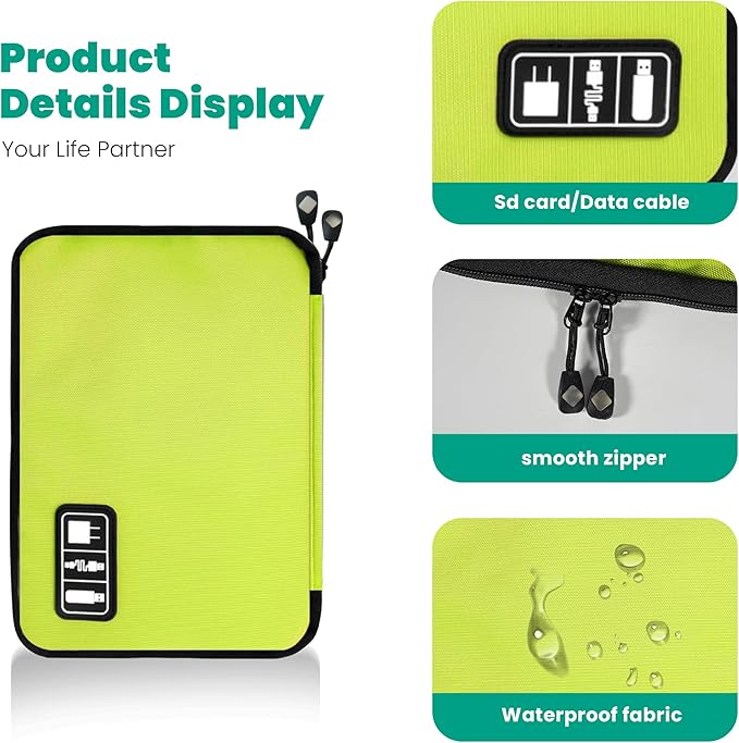 Cord Organizer Travel, Electronics Organizer Tech Pouch - Portable Cable Organizer Bag for Cords, Charger, Phone, SD Card, Power Bank for Travel & Daily Use -Green Green
