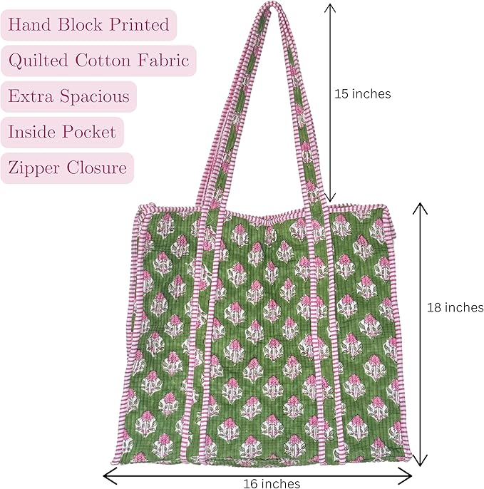 ATOSII Women Handblock Print Quilted 100% Cotton Floral Large Shoulder Tote Bag with Pocket, Zipper for Work, Beach & Travel