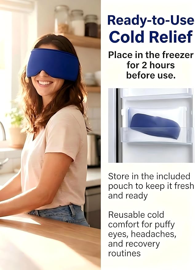 Cooling Gel Eye Mask for Puffy Eyes, Eye Ice Pack Migraine & Headache Relief, Full Eye-Area Cold Compress for Eyes & Temples, FSA Eligible HSA, Reusable Adjustable Fit for Post Surgery Recovery
