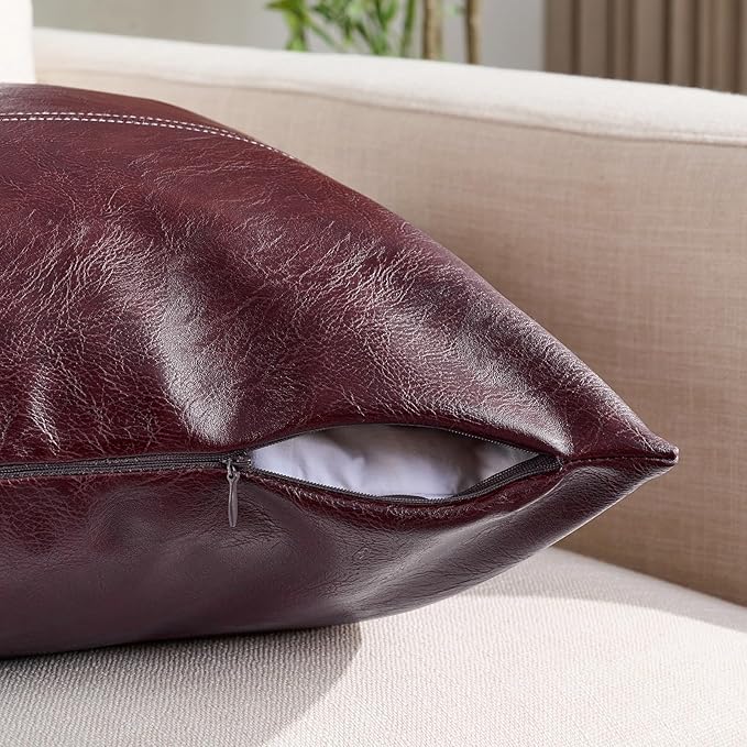 Fancy Homi Burgundy Long Lumbar Faux Leather Decorative Throw Pillow Covers 12x24 Inch for Living Room Couch Bed, Modern Farmhouse Boho Home Decor, Wine Red Hand Stitched Cushion Case 30x60 cm