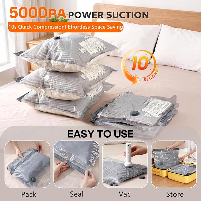 15 Pack Vacuum Storage Bags for Travel with Rechargeable Cordless Pump, Space Saver Bags for Clothes, Compression Packing Bags for Luggage and Suitcase, 15 Combo Size