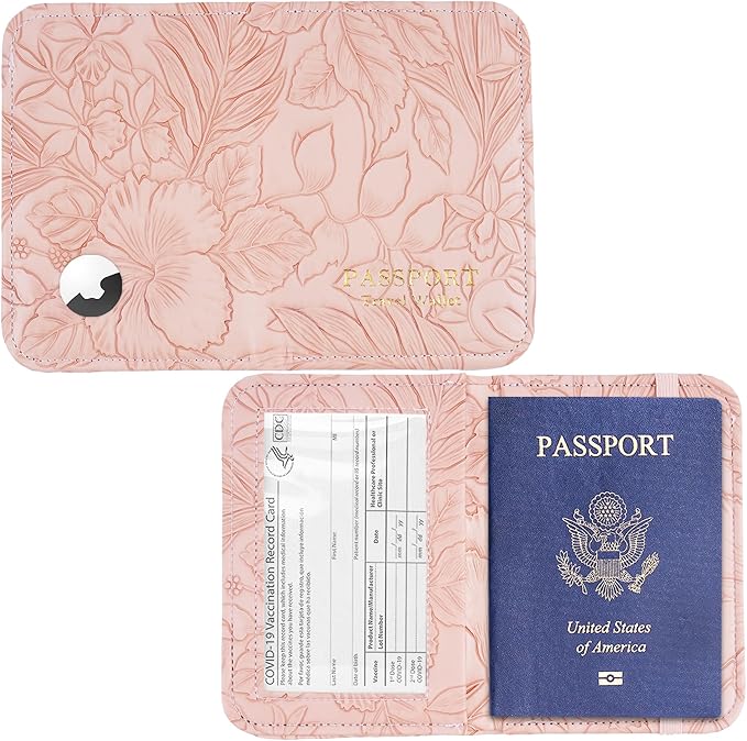 lizimandu Passport Holder with Airtag Slot, Airtag Passport Wallet for Men Women, Slim Leather Passport Holder Case Family for Travel Anti-Lost(1-Carved Pink)