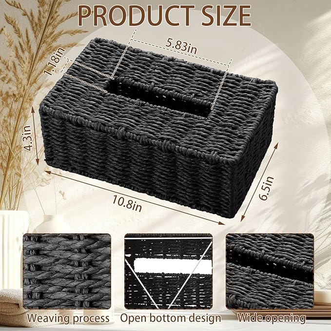 Black Tissue Box Cover Rectangle Natural Paper Rope Hand Woven Tissue Box Holder for Bathroom Living Room Bedroom Kitchen Table Desk Office Farmhouse Home Decor