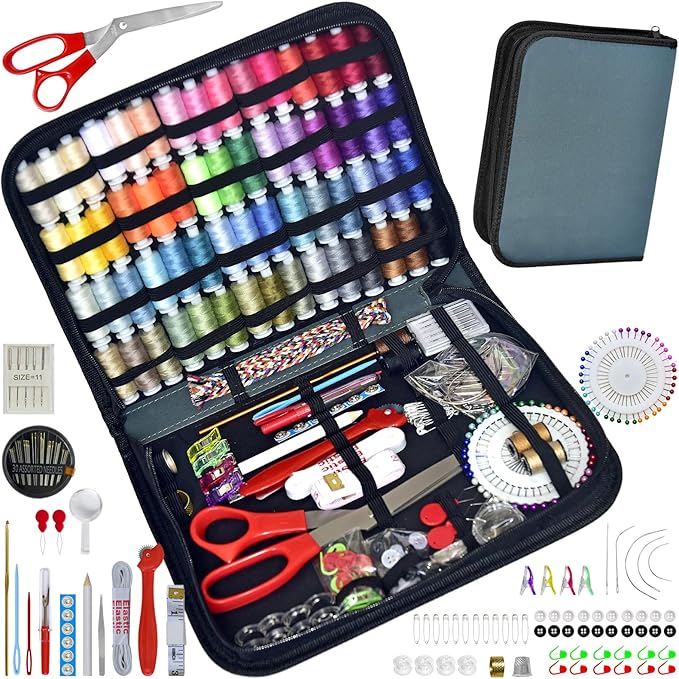 Sewing Kit with Case Portable Sewing Supplies for Home Traveler, Adults, Beginner, Emergency, Contains 60 Sewing Thread, Scissors, Needles, Measure etc（Dark Blue Green，XL)