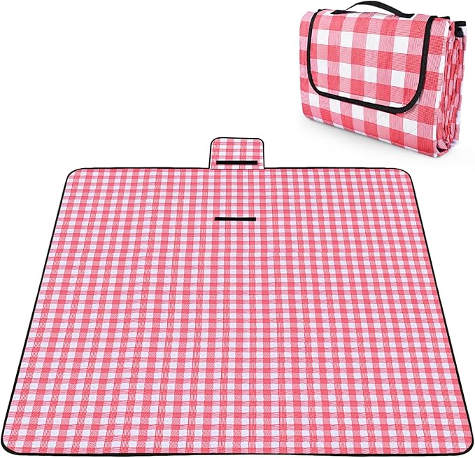 OBTANIM Extra Large Picnic Blanket 80 x 80 Inch Waterproof Foldable Beach Blankets Outdoor Picnic Mat for Camping Grass Lawn Park Music Festival Party Accessories (Red and White)