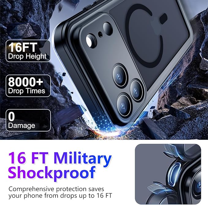 Magnetic Compatible with iPhone 17 Pro Max Case,Waterproof Built-in Screen & Camera Protector IP68 Underwater Full Body Military Dropproof Translucent Matte Phone Case 6.9"-Mag/Black