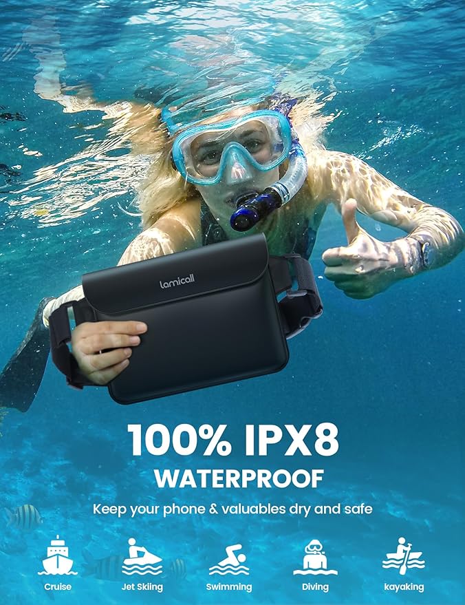 Lamicall Waterproof Fanny Pack Pouch - Large 8.7” Capacity fits iPad Mini & iPhone 17 16 15 Pro Max with Case - IPX8 Submersible Dry Bag for Cruise Essentials, Snorkeling, Kayaking, Black 2-Pack