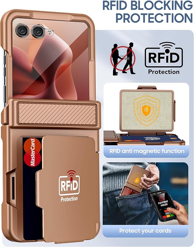 for Motorola Razr Ultra 2026/2025 Case with Card Holder RFID Blocking, Hinge Protection, Screen Protector, Full Body Rugged Shockproof Phone Case for Razr Ultra 2026/2025 -Desert Gold