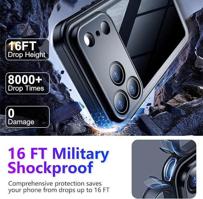 Compatible with iPhone 17 Pro Case,Waterproof Built-in Screen & Camera Protector IP68 Underwater Full Body 17FT Military Dropproof Shockproof Phone Case 6.3"-Blue/Clear