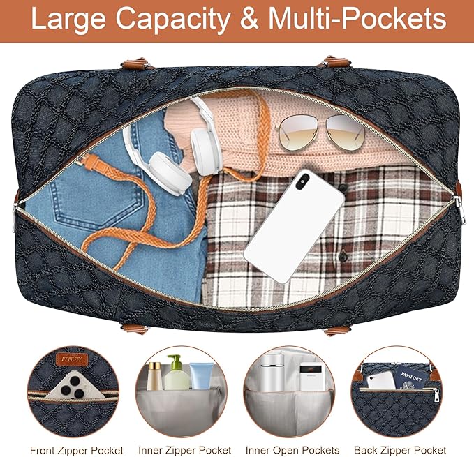 ITIEZY Weekender Overnight Bag for Women - Large Travel Duffel Bag with Shoe Compartment, Gym Duffel Bag Hospital Bag Carry On Tote Bags for Airplanes with Crossbody Bag Toiletry Bag 3Pcs Set