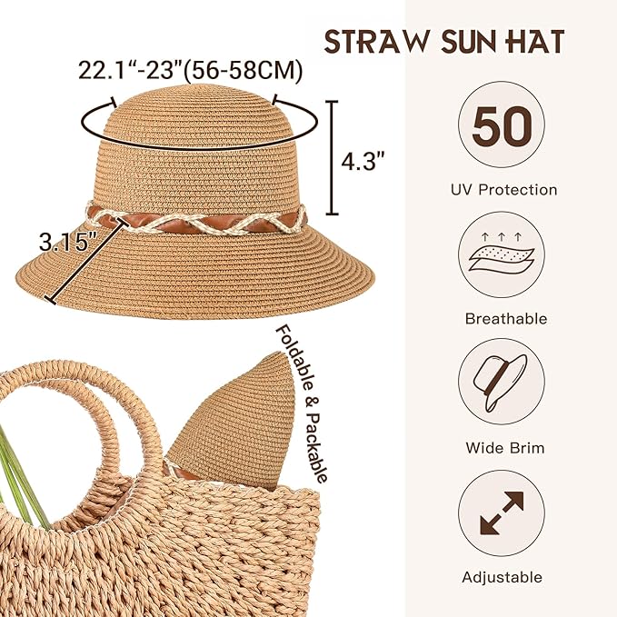 Beach Hat for Women, Wide Brim Sun Straw Hats for Women, Sun Hat Womens UPF 50+ UV Protection, Floppy Foldable Summer Hats