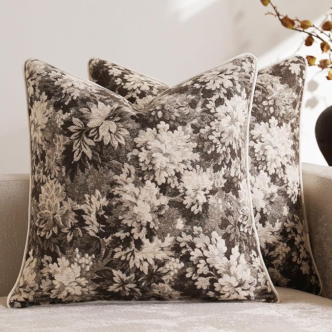 DEZENE Pack of 2 Vintage Floral Throw Pillow Covers 18x18 Boho Farmhouse Accents Chenille Square Decorative Pillow Cases for Living Room Couch Bed Home Decor, Grey