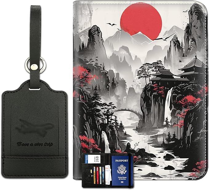Passport Wallet, Passport Holder with RFID Blocking and Luggage Tag, Waterproof PU Leather Travel Documents Organizer Case, Passport Covers with Card Slot for Women & Men, Red Moon Japanese Landscape