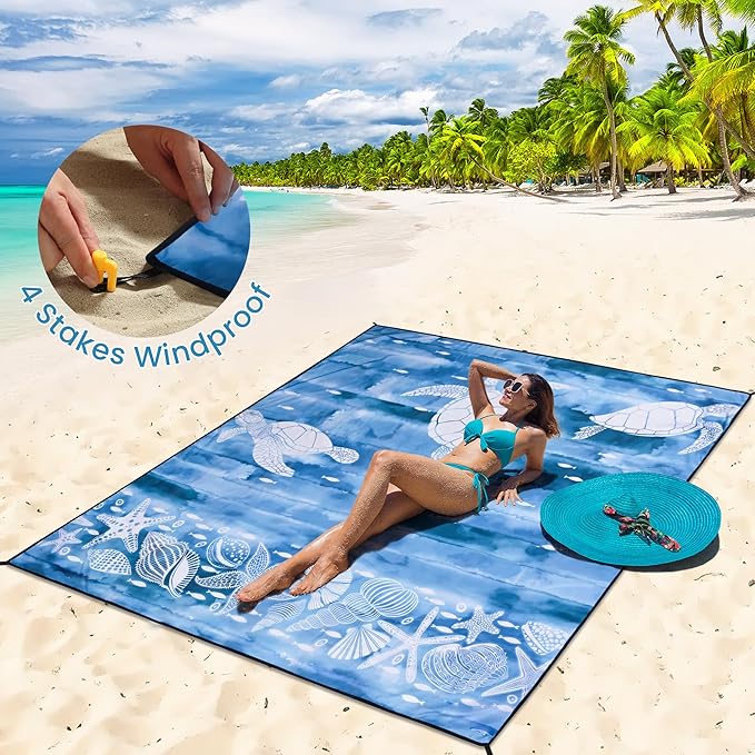 HIHOHO Beach Blanket Waterproof Sandproof Beach Mat 79”x 83” for 1-8 Adults Quick Drying Durable Outdoor Picnic Mat for Beach Festival Travel Camping Hiking (Ink Turtle-BL, 79"×83"(4 Person))