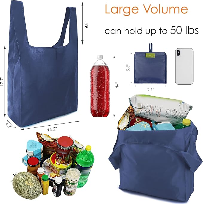 BeeGreen Blue Reusable Grocery Bags Wholesale Blue Reusable Kitchen Bags Bulk Foldable-Machine Washable with Zipper Storage Pouch 10 Packs