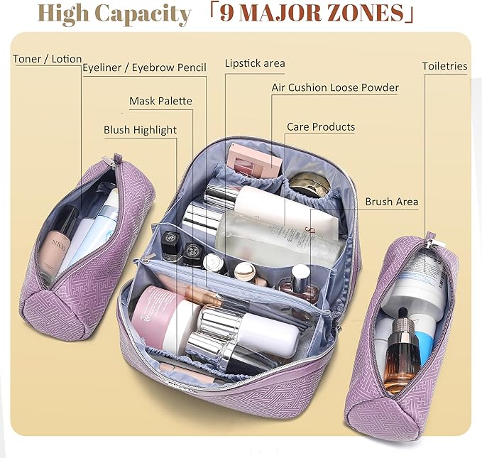 BOYATU Travel Makeup Bags for Women: Vintage Roman Column Texture Large Capacity Cosmetic Bag - Each Journey, Quiet Luxury Serenity - 3 Pcs Set Organizer Toiletry Purse 50% Extra Storage(Purple)