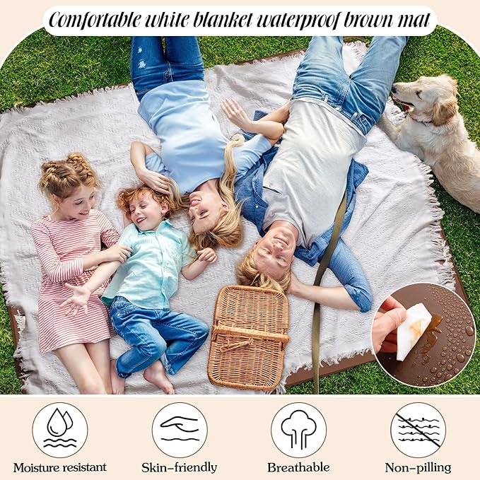 VitalCozy Waterproof Picnic Blankets 71×71 inch Outdoor Blanket Foldable 2 in 1 Double Layer Sandproof Beach Mat with Carry Strap for Camping Lawn Park Beach Grass(White)