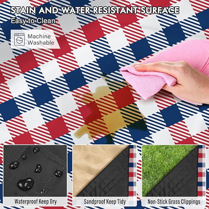 Independence Day Picnic Blankets Waterproof Foldable, Fourth of July Packable Picnic Mat Large Outdoor Blanket for Grass, Sandproof Picnic Accessories for Festival Party Beach Tent Lawn