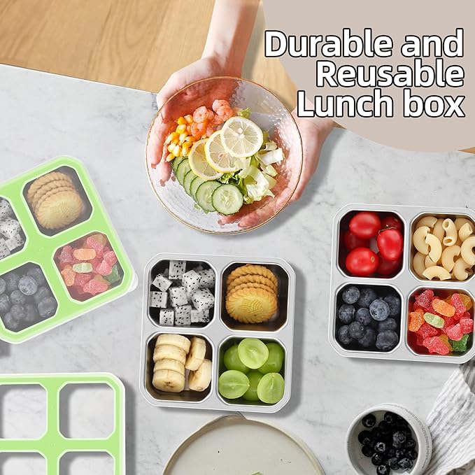 BEFOY 4 Pack Stainless Steel Snack Containers with Lids 4 Compartment Food Storage Containers for Adults & Kids Meal Prep Containers Reusablele (Green, 4)