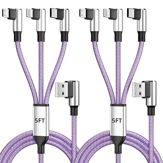 Gamer-Friendly & Travel Essentials 90 Degree Multi Charging Cable [2Pack 5FT], Right Angle 3 in 1 Charging Cable with USB-A to USB C/IP/Micro USB, Compatible with iPhone, Galaxy, Huawei, iPad and More