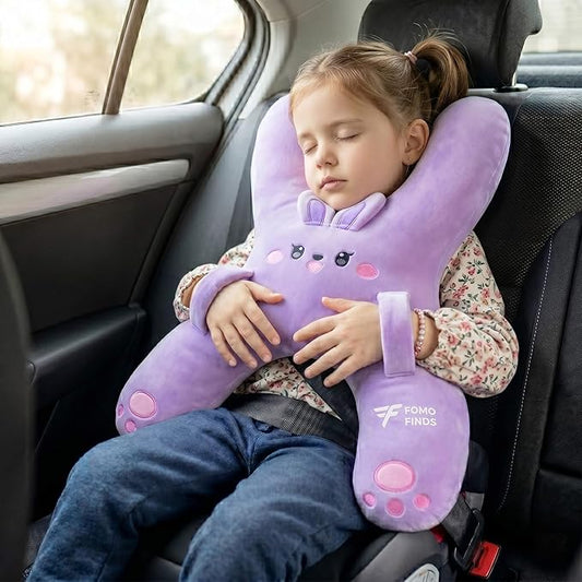 Kids Car Sleeping Pillow - H-Shaped for Neck & Back Support - Hands & Seat Belt Slot - Machine Washable & Compressible - Perfect for Car, Plane, Train, Boat & More - Purple