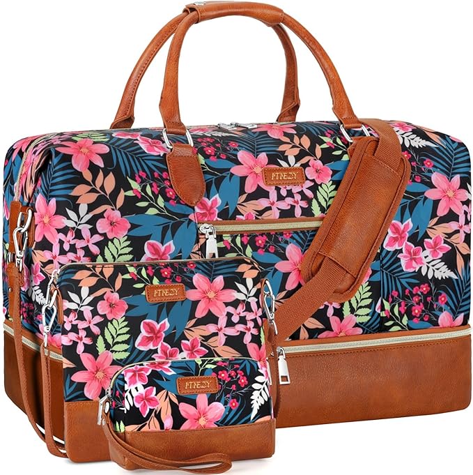 ITIEZY Weekender Overnight Bag for Women - Large Travel Duffel Bag with Shoe Compartment, Gym Duffel Bag Hospital Bag Carry On Tote Bags for Airplanes with Crossbody Bag Toiletry Bag 3Pcs Set