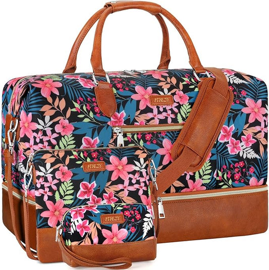 ITIEZY Weekender Overnight Bag for Women - Large Travel Duffel Bag with Shoe Compartment, Gym Duffel Bag Hospital Bag Carry On Tote Bags for Airplanes with Crossbody Bag Toiletry Bag 3Pcs Set