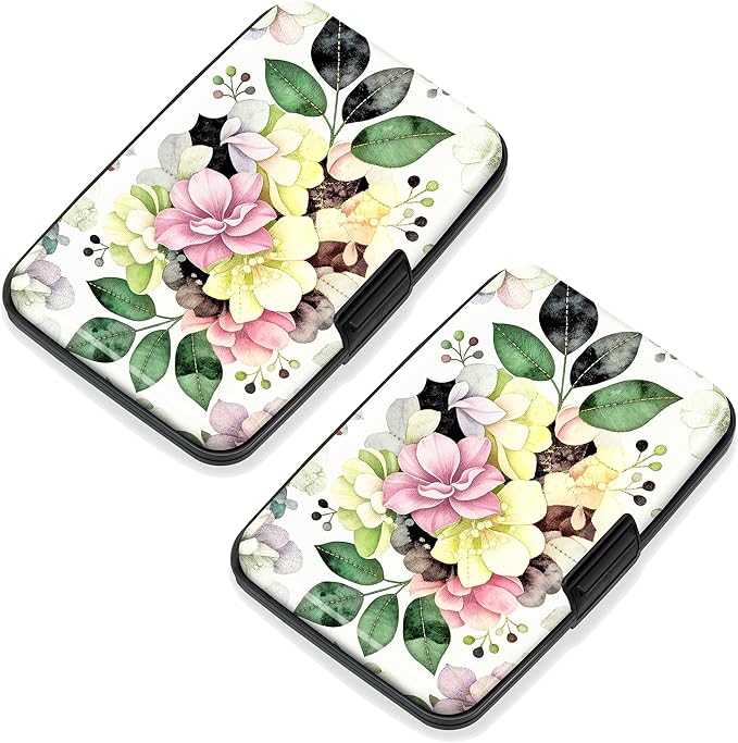Mayski 2 Pack Credit Card Holder for Women, RFID Blocking, Artistic Flower Aluminum Alloy Hard Case, Small Mini Business Metal Wallet for Men