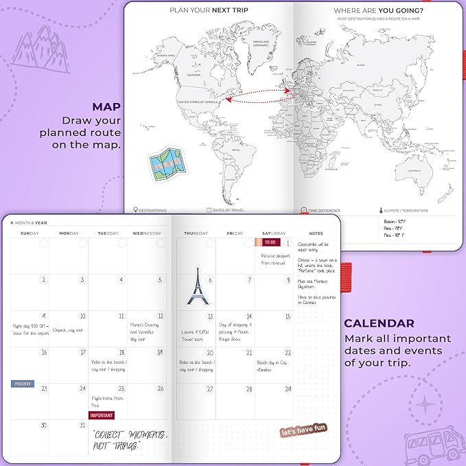 Clever Fox Travel Journal – Vacation & Trip Organizer with Budget Plan, Packing List, Travelling Expense Tracker, A5 (Purple)